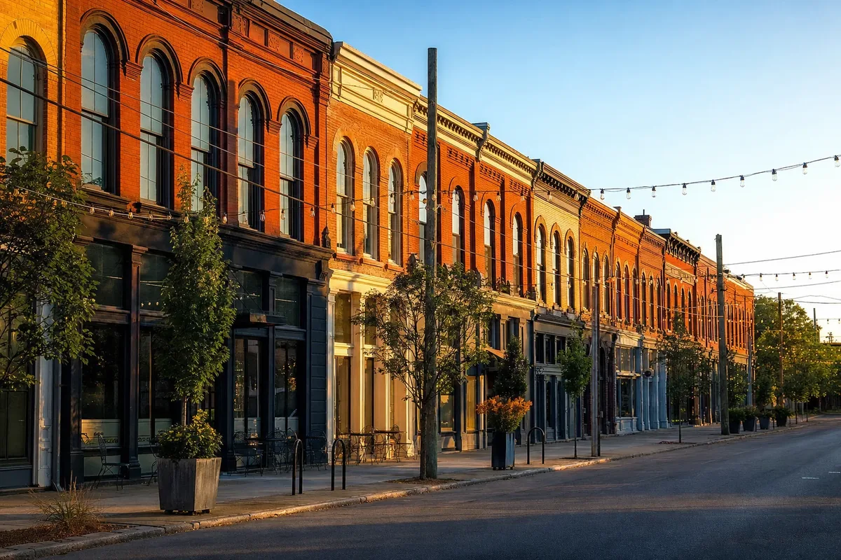 Brick storefront street in the NuLu arts district of Louisville, Kentucky