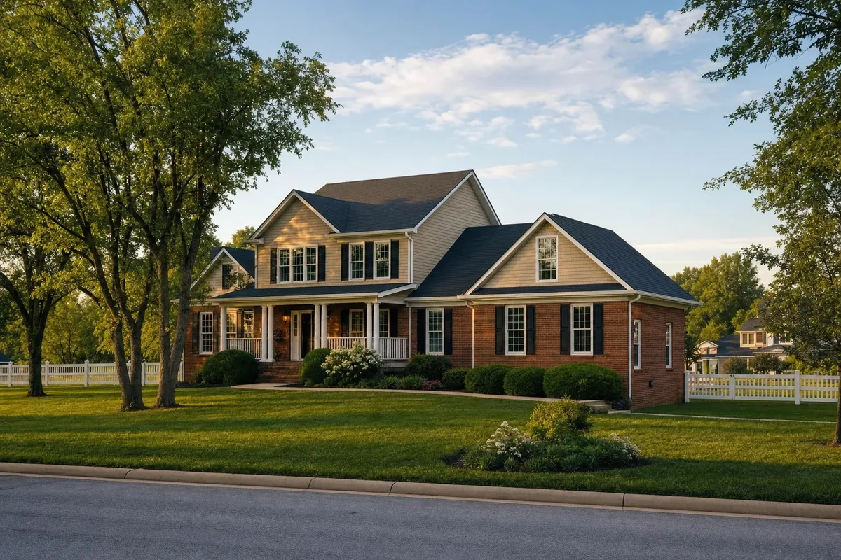 Spacious two-story suburban home with mature trees and a white picket fence in Oldham County, Kentucky